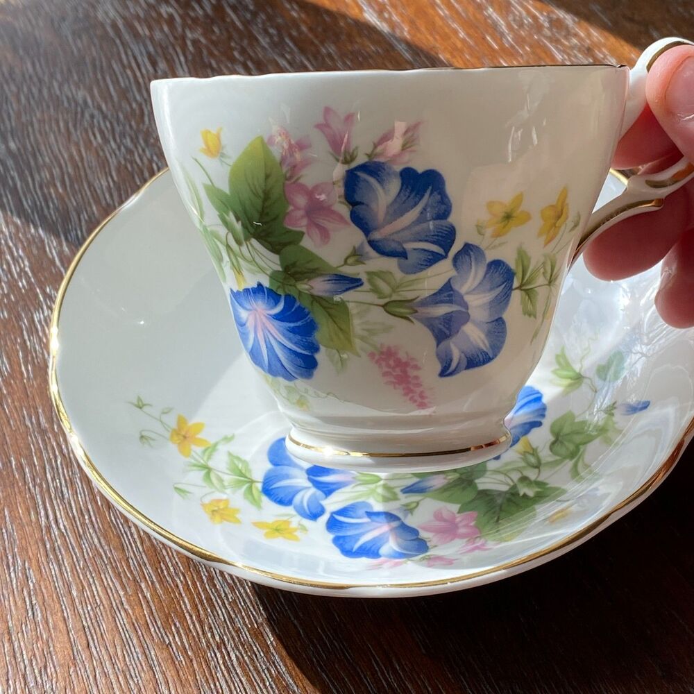 Vintage 70s Regency English Bone China Morning Glory Flower Tea Cup and Saucer
